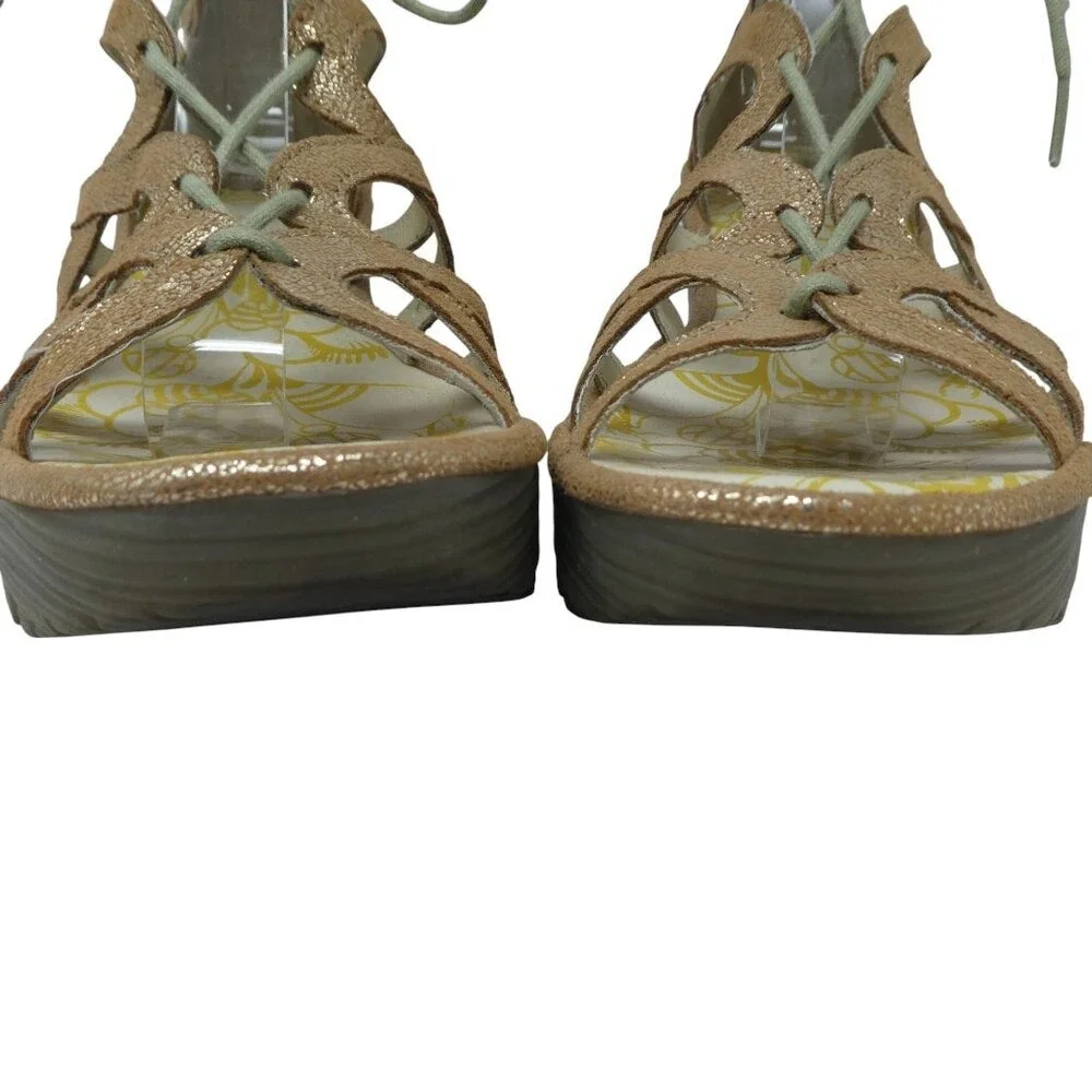 Fly London Yuke Wedge Sandals Women 38 Gold Metallic Lace Up Gladiator